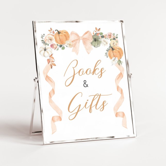Poster Sinal de Livros e Presentes para Chás de Bebê com  (Orange Pumpkin Baby Shower Books and Gifts Sign)