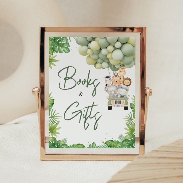 Poster Sinal de Livros e Presentes para Chuveiro de Jungl (Safari Animals Baby Shower Sign)