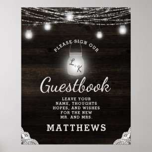 Poster Sinal de madeira escuro rústico do Guestbook do