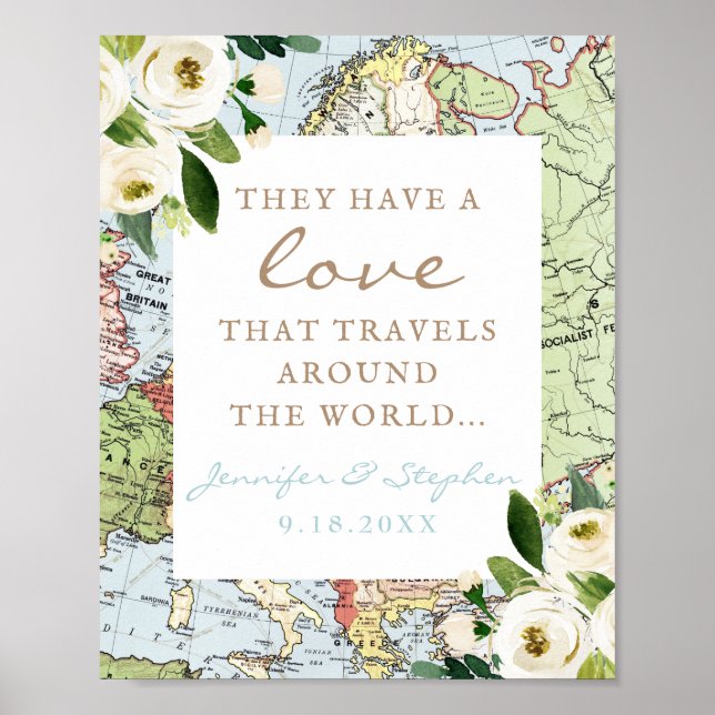 Poster Sinal de Mapa Floral Amor Viaja Pelo Mundo (Frente)
