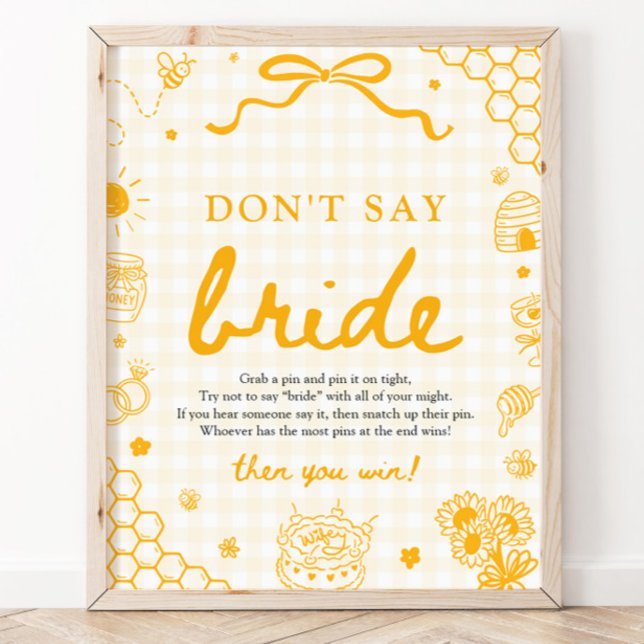 Poster Sinal de Mel Não Diga Noiva em Xadrez Amarelo Mode (Modern Yellow Gingham Honey Bee Don't Say Bride Sign)