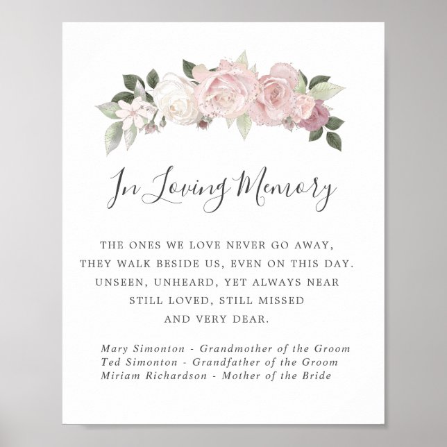 Poster Sinal de Memória de Casamento Floral Branco Rosa (Frente)