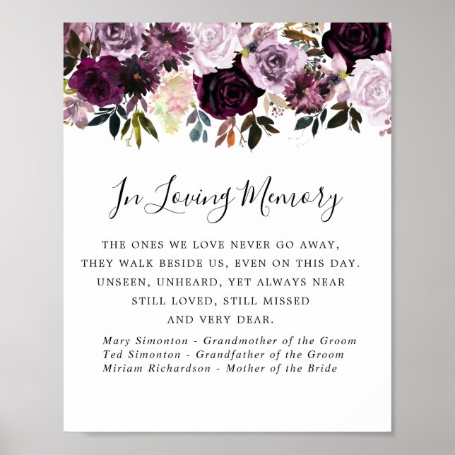 Poster Sinal de Memória de Casamento Floral Rosa Roxo (Frente)