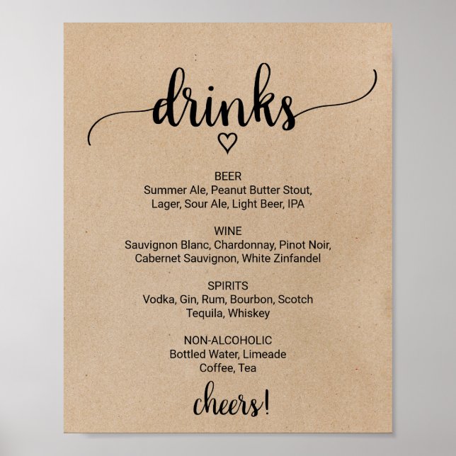Poster Sinal de menu Bebida Simples Faux Kraft Calliograf (Frente)