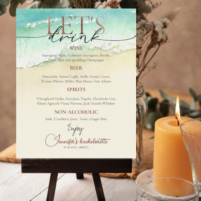 Poster Sinal de menu Bebidas Bachelorette Script do Beach (Criador carregado)