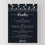 Poster Sinal de menu Botas de Casca<br><div class="desc">Esta corda rústica acende o cartaz do cardápio de bebidas de casamento é perfeito para um casamento simples. O design apresenta belas luzes de cordas pintadas manualmente em um fundo azul escuro.</div>