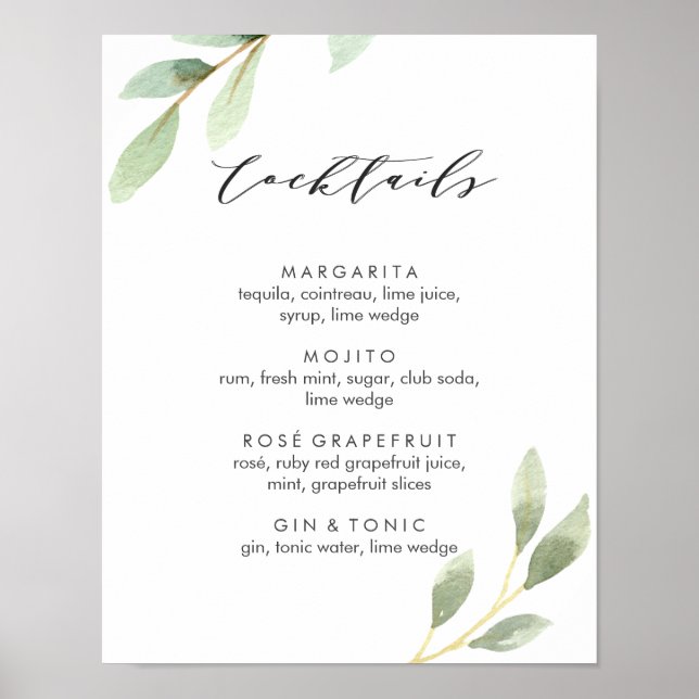 Poster Sinal de Menu Cocktail de Casamento Botânico de Fo (Frente)
