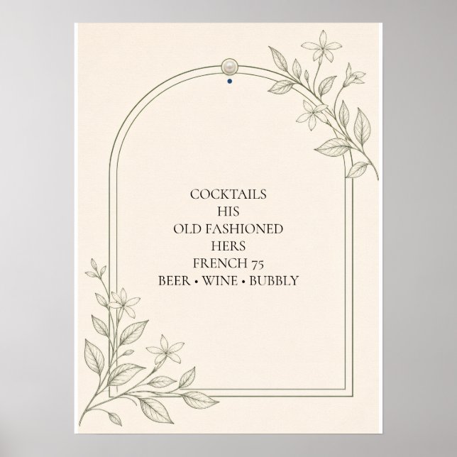 Poster Sinal de Menu de Bar de Casamento Botânico de Oliv (Frente)