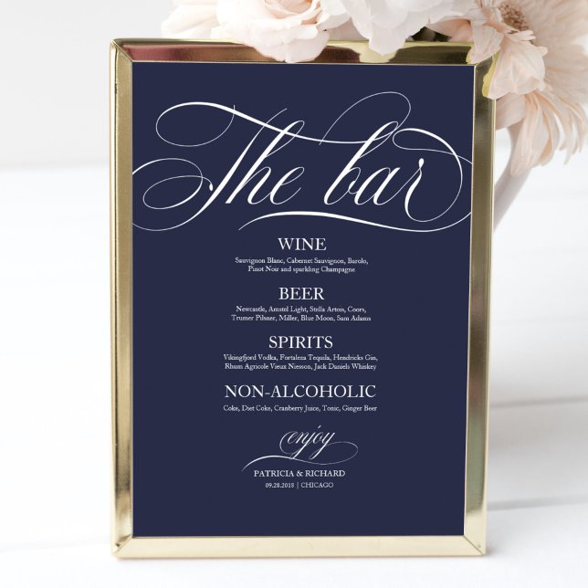 Poster Sinal de Menu de Bar de Casamento Chic Azul Marinh (Criador carregado)