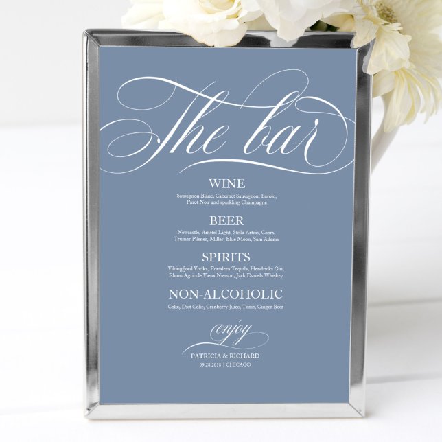 Poster Sinal de Menu de Bar de Casamento Chic Azul Poeire (Criador carregado)