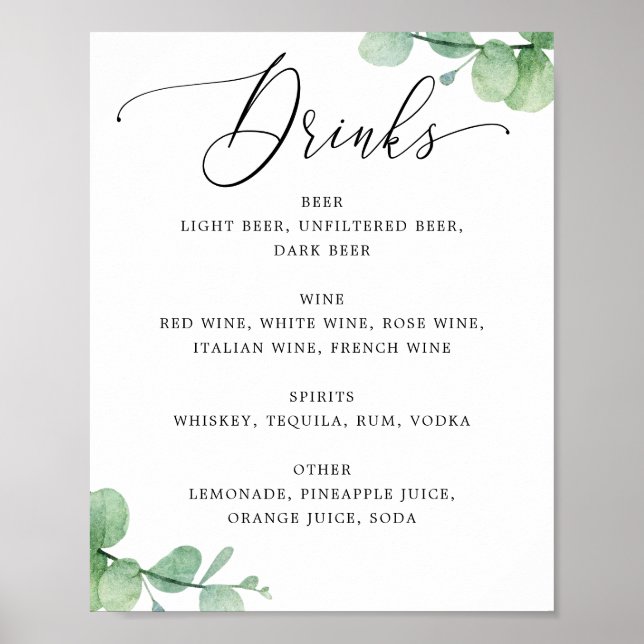 Poster Sinal de Menu de Bar de Eucalipto | Bebidas de Cas (Frente)