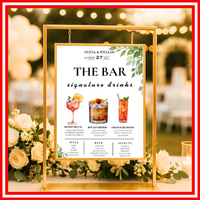 Poster Sinal de Menu de Bar de Noiva com Vegetação em Ver (Criador carregado)