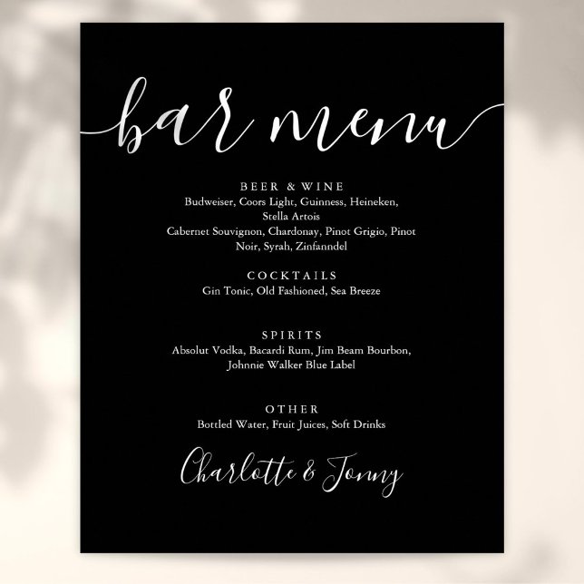 Poster Sinal de Menu de Bar de Script Preto e Branco Assi (Black And White Signature Script Bar Menu Sign)