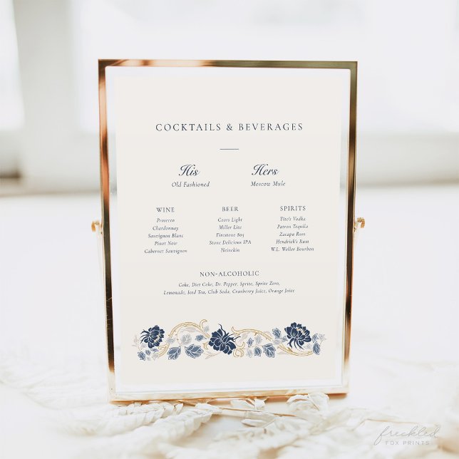 Poster Sinal de Menu de Bar em Arte Nova Floral Azul Mari (Navy Blue and Gold Floral Art Nouveau Cocktail Menu)