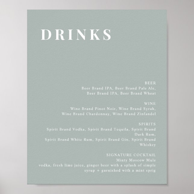 Poster Sinal de Menu de Bar Moderno em Verde Sage NINA (Frente)