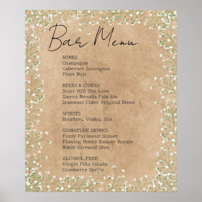 Poster Sinal de Menu de Barra de Noiva de Bebê Respiração (Frente)