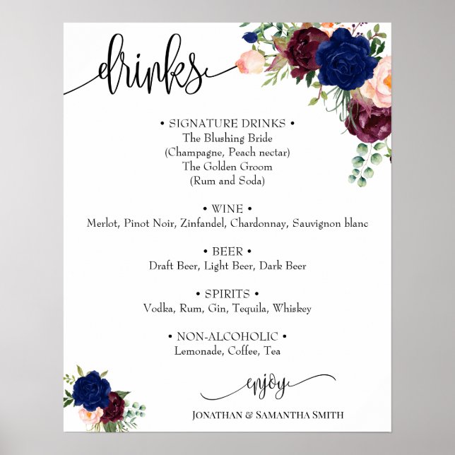 Poster Sinal de menu de bebidas casamento floral navy bur (Frente)
