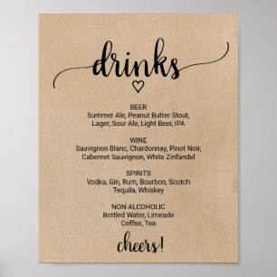 Poster Sinal de Menu de Bebidas com Caligrafia Falsa Kraf