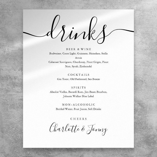 Poster Sinal de Menu de Bebidas com Letra de Assinatura P (Black And White Signature Script Drinks Menu Sign)