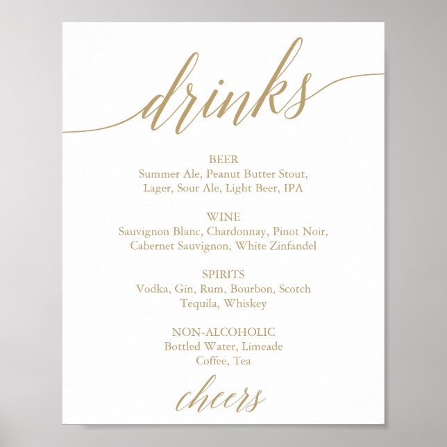Poster Sinal de Menu de Bebidas de Caligrafia Dourada Pla (Frente)