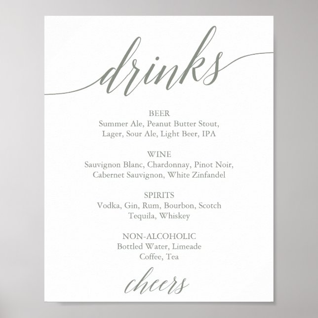 Poster Sinal de Menu de Bebidas de Caligrafia em Verde Sa (Frente)