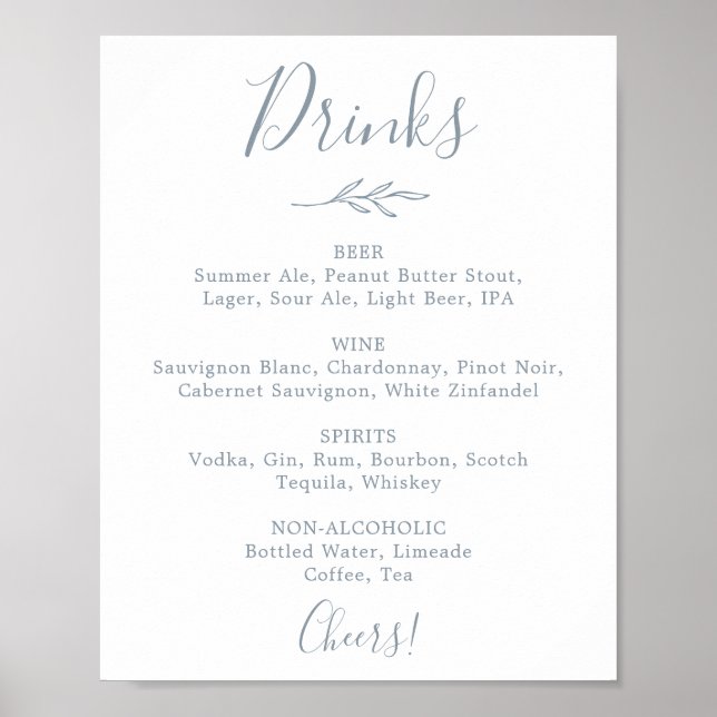 Poster Sinal de Menu de Bebidas de Casamento Azul Empoeir (Frente)