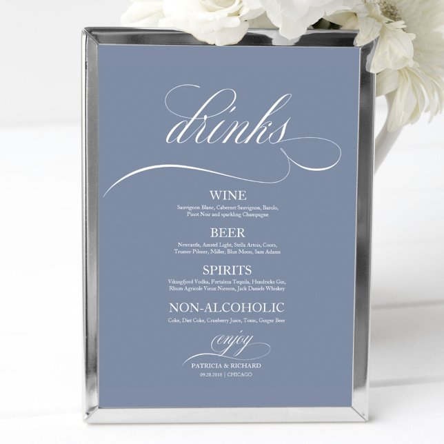 Poster Sinal de Menu de Bebidas de Casamento Azul Empoeir (Criador carregado)