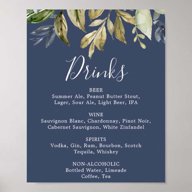 Poster Sinal de Menu de Bebidas de Casamento Azul | Folha (Frente)