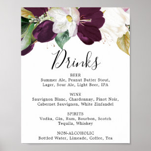 Poster Sinal de Menu de Bebidas de Casamento Blooms Roxo 