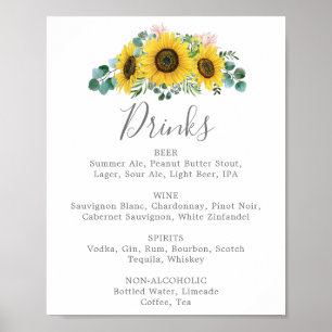 Poster Sinal de Menu de Bebidas de Casamento com Girassói