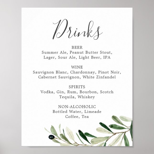 Poster Sinal de Menu de Bebidas de Casamento com Ramo de  (Frente)