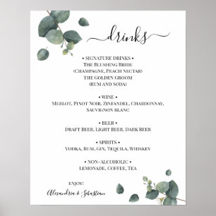 Poster Sinal de Menu de Bebidas de Casamento com Verde de