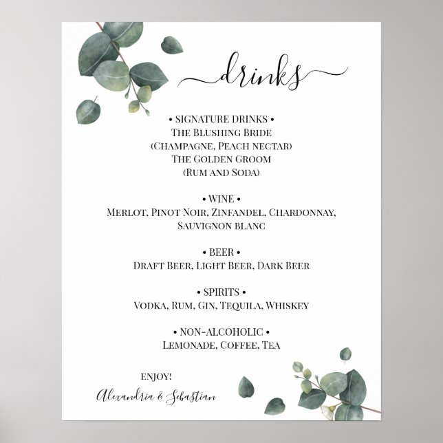 Poster Sinal de Menu de Bebidas de Casamento com Verde de (Frente)