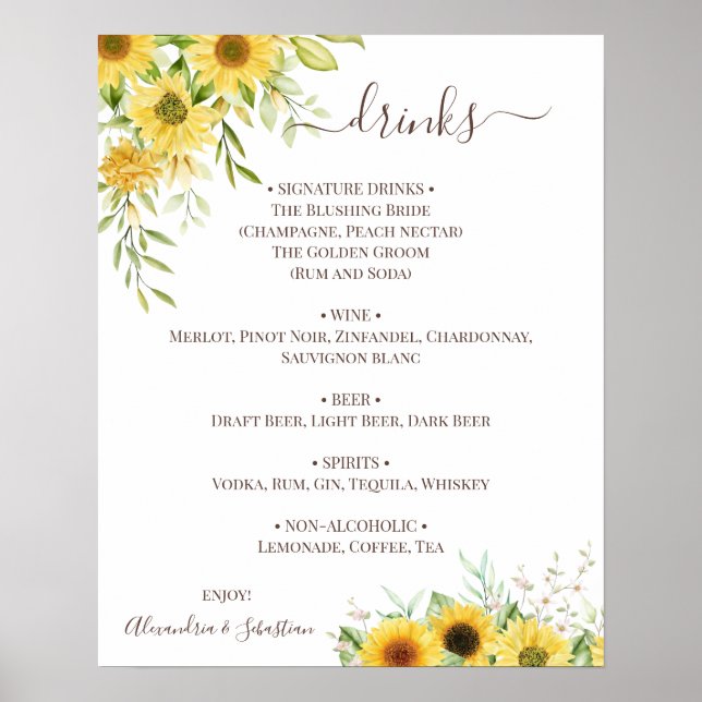 Poster Sinal de Menu de Bebidas de Casamento com Verdura  (Frente)