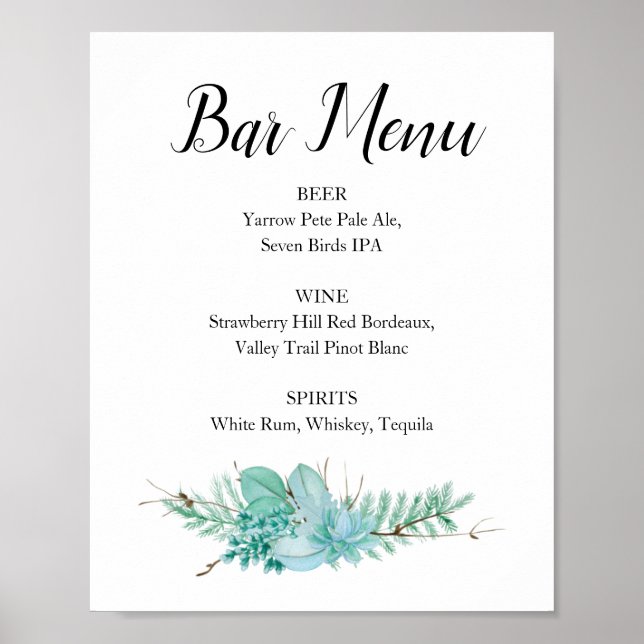 Poster Sinal de Menu de Bebidas de Casamento com Verdura  (Frente)