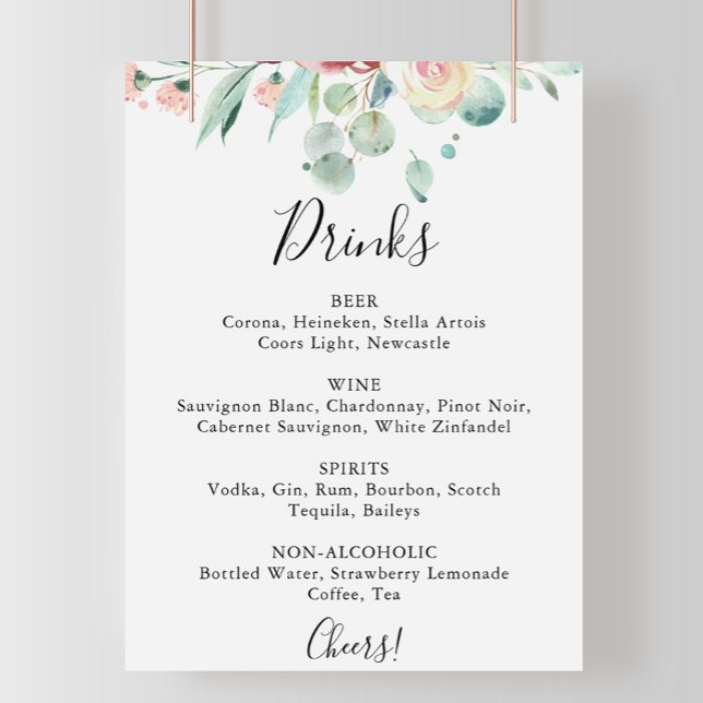 Poster Sinal de Menu de Bebidas de Casamento de Eucalipto (Criador carregado)