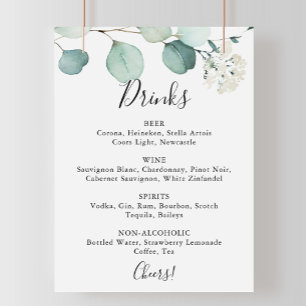 Poster Sinal de Menu de Bebidas de Casamento de Eucalipto
