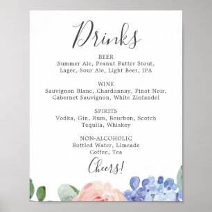 Poster Sinal de Menu de Bebidas de Casamento de Hortênsia