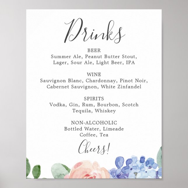 Poster Sinal de Menu de Bebidas de Casamento de Hortênsia (Frente)