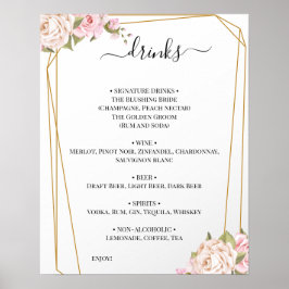 Poster Sinal de Menu de Bebidas de Casamento de Rosas Flo