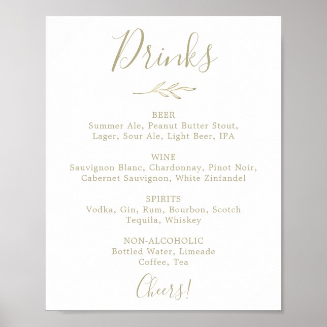 Poster Sinal de Menu de Bebidas de Casamento Dourado Folh (Frente)