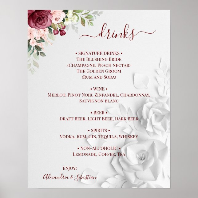 Poster Sinal de Menu de Bebidas de Casamento Floral (Frente)