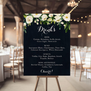 Poster Sinal de Menu de Bebidas de Casamento Floral Branc