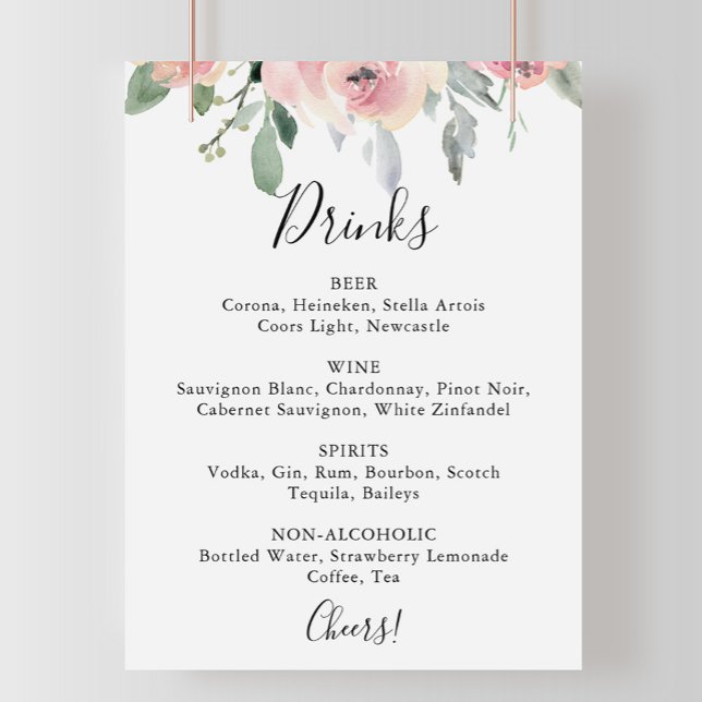 Poster Sinal de Menu de Bebidas de Casamento Floral Rosa  (Criador carregado)