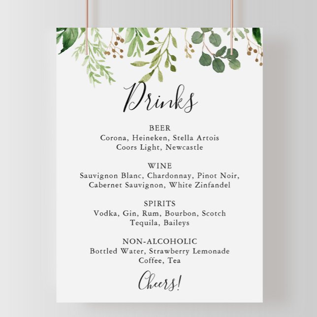 Poster Sinal de Menu de Bebidas de Casamento Floral Simpl (Criador carregado)