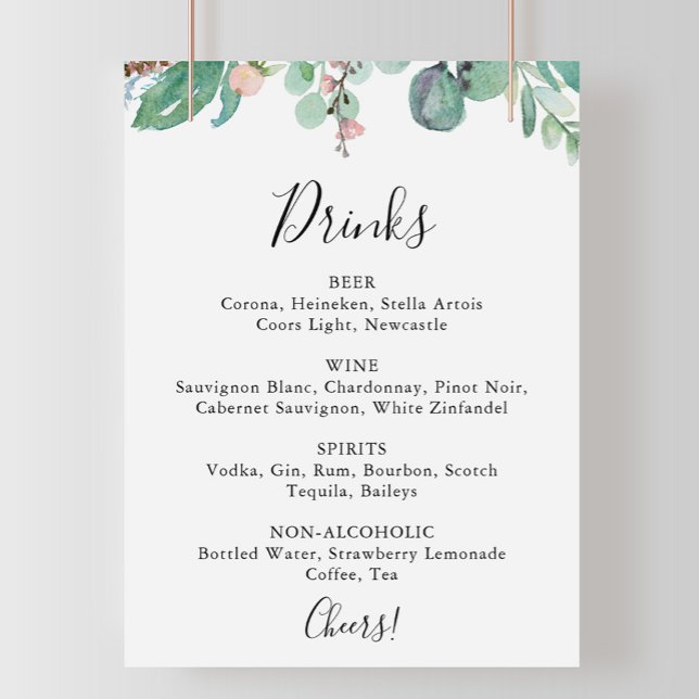 Poster Sinal de Menu de Bebidas de Casamento Floral Tropi (Criador carregado)