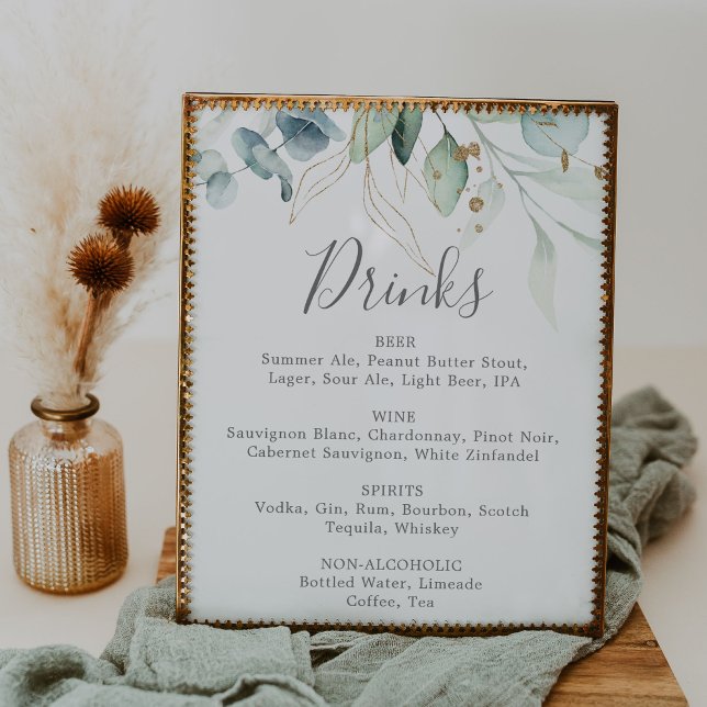 Poster Sinal de Menu de Bebidas de Casamento Folhagem Ver (Criador carregado)