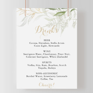 Poster Sinal de Menu de Bebidas de Casamento Folhagem Ver