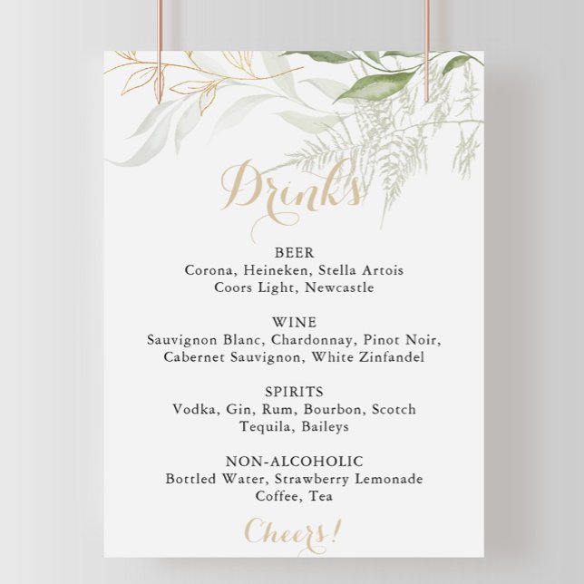 Poster Sinal de Menu de Bebidas de Casamento Folhagem Ver (Criador carregado)