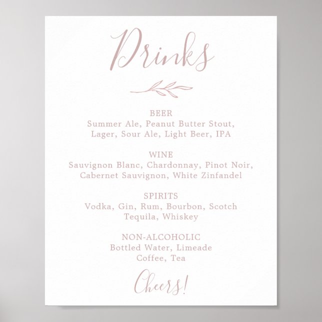 Poster Sinal de Menu de Bebidas de Casamento Rosa Bege |  (Frente)